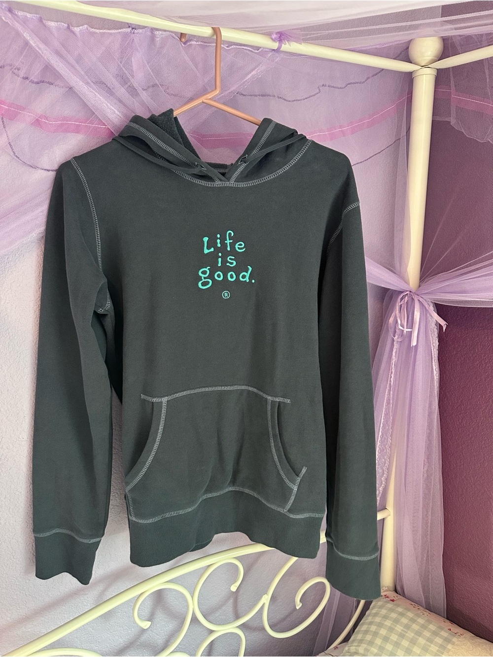 Life Is Good Dark Gray Hoodie with Teal Logo